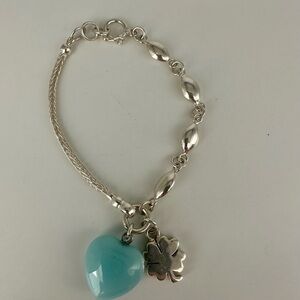 Silver 950 and Blue stone Heart Charm and clover charm Bracelet